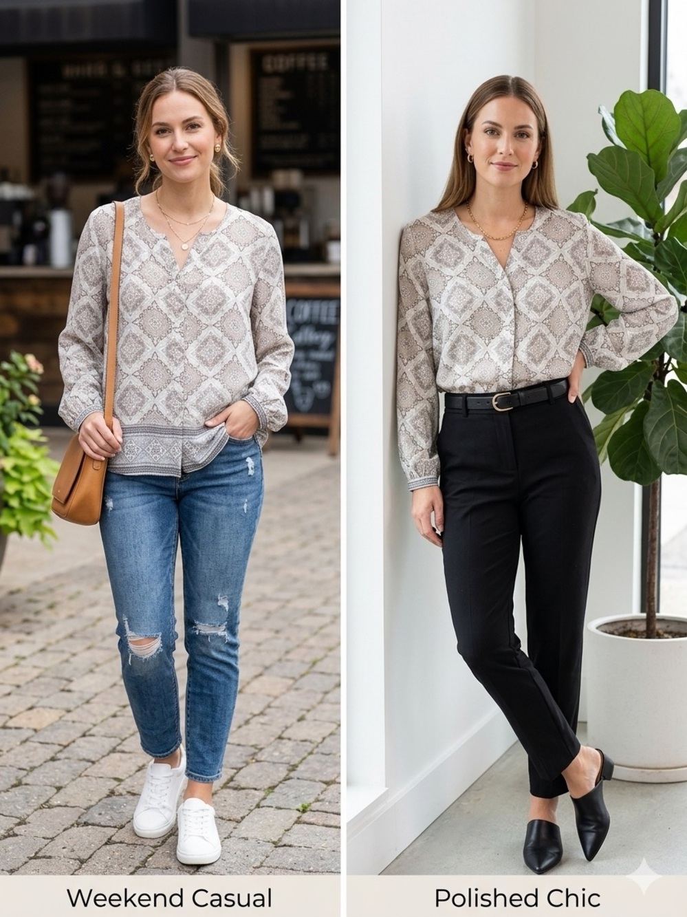 Violet & Claire Neutral Taupe Printed V-Neck Blouse